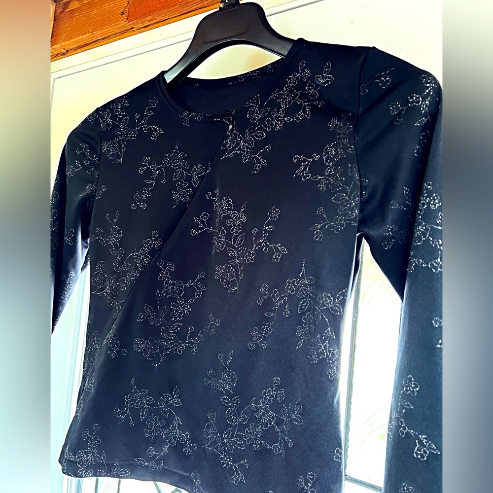 Elegant Black & Sparkling Silver Floral Women's Top